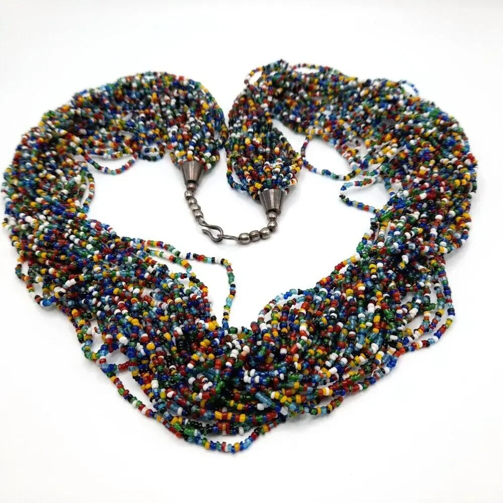 Vintage Multi-strand Glass Bead Necklace, Bohemian 28 Strands, 33 Inches